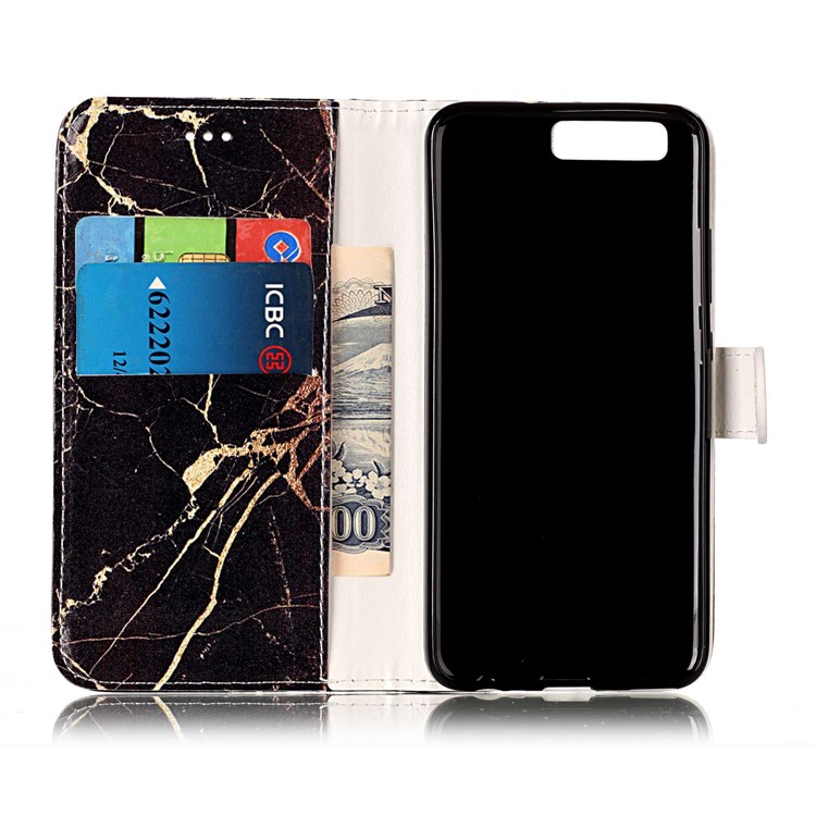 Pattern Printing Wallet Stand Leather Phone Case for Huawei P10 - Black Marble Pattern-4