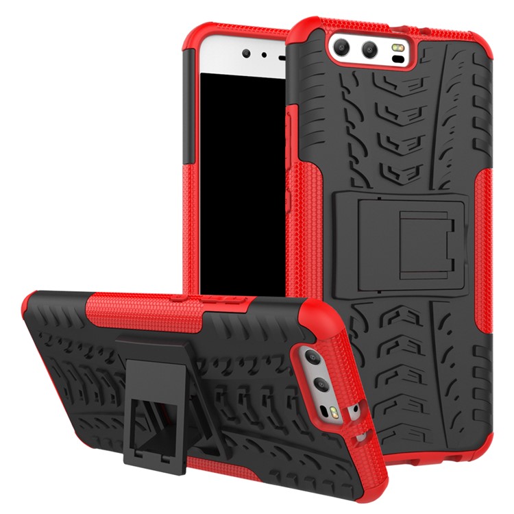 2-in-1 Tyre Pattern PC + TPU Hybrid Kickstand Case for Huawei P10 Plus - Red-1