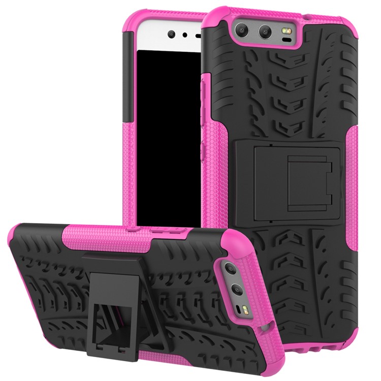 For Huawei P10 Tyre Pattern Kickstand Hybrid PC + TPU Mobile Phone Shell - Rose-1