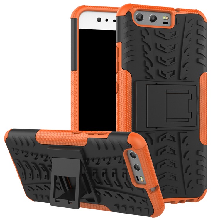 2-in-1 Tyre Pattern Kickstand Combo Case Cover (PC + TPU) for Huawei P10 - Orange-1