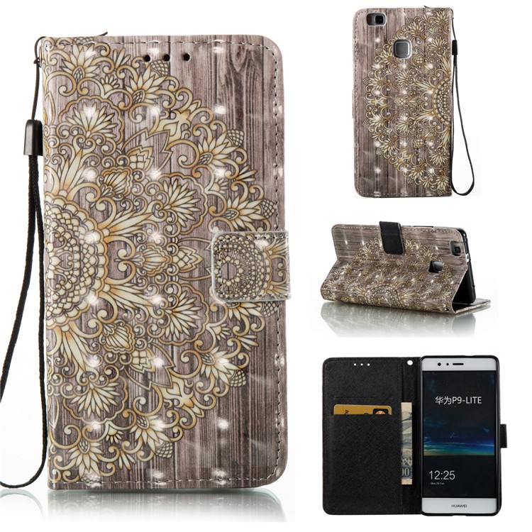 For Huawei P9 Lite/G9 Lite Patterned Light Spot Decor Foldable Leather Wallet Case Cover - Symmetrical Gold Flower-1