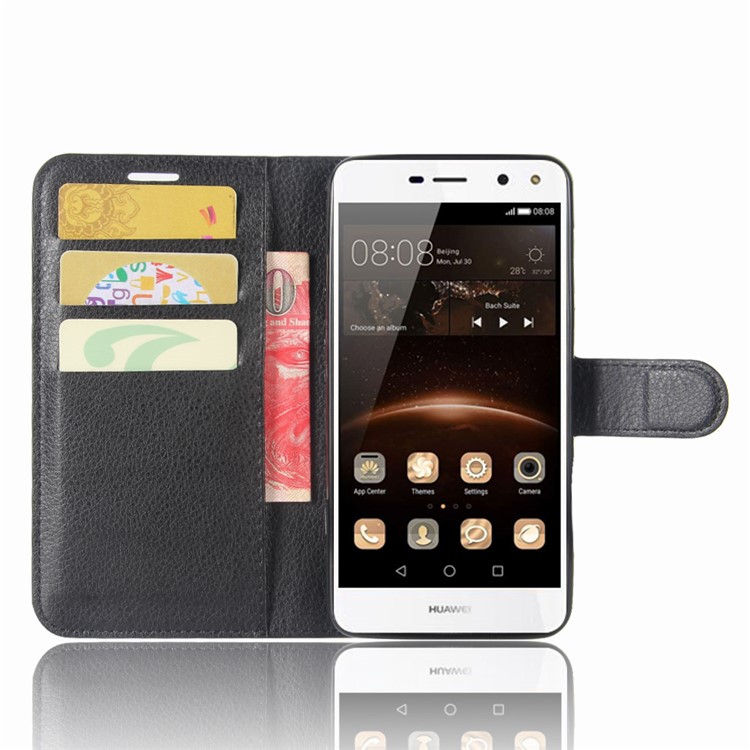 Lychee Skin Wallet Canda in Pelle Per Huawei Y5 (2017) / Y6 (2017) - Nero