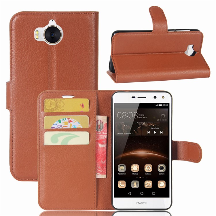 Lychee Skin Leather Wallet Case for Huawei Y5 (2017) / Y6 (2017) - Brown-1