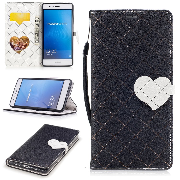 Love Heart Two-tone Leather Wallet Case Stand for Huawei P9 Lite/G9 Lite - Black-1