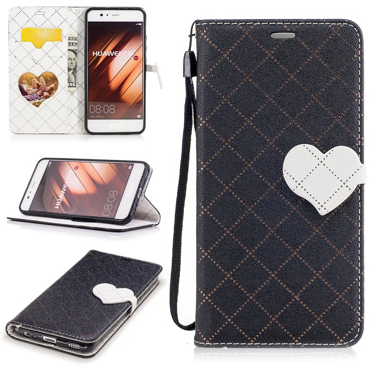 Love Heart Two-tone Leather Wallet Stand Mobile Case with Strap for Huawei P10 - Black-1