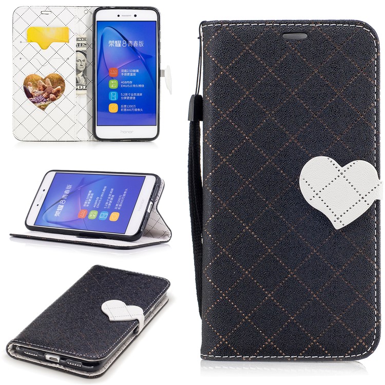 Love Heart Two-tone Leather Wallet Stand Shell with Lanyard for Huawei P8 Lite (2017) - Black-1