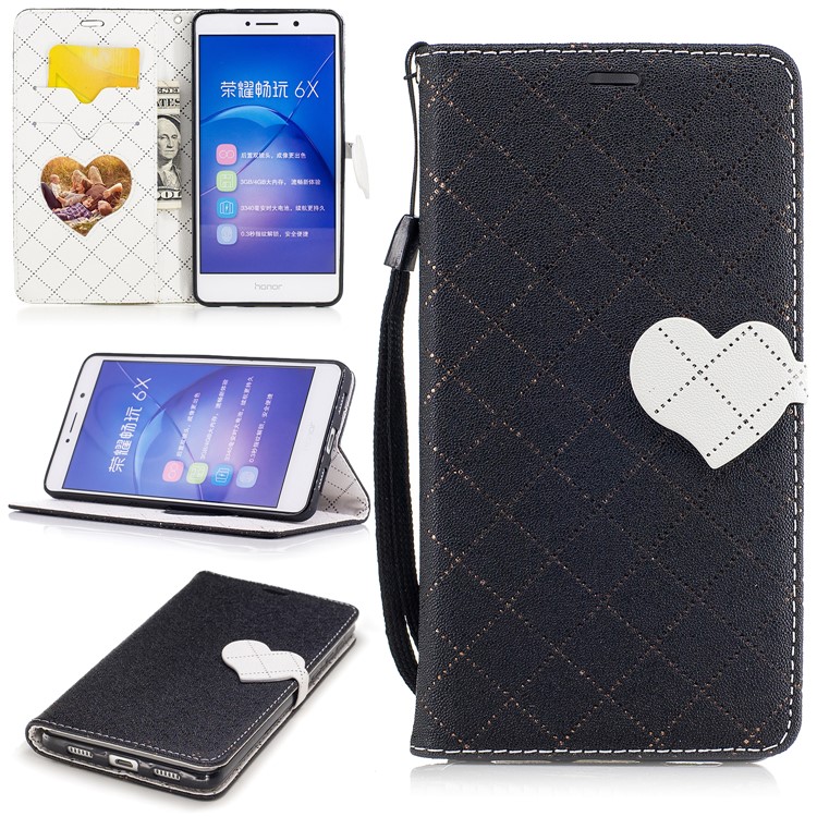 Love Heart Two-tone Leather Wallet Mobile Phone Cover for Huawei Honor 6x (2016) - Black-1