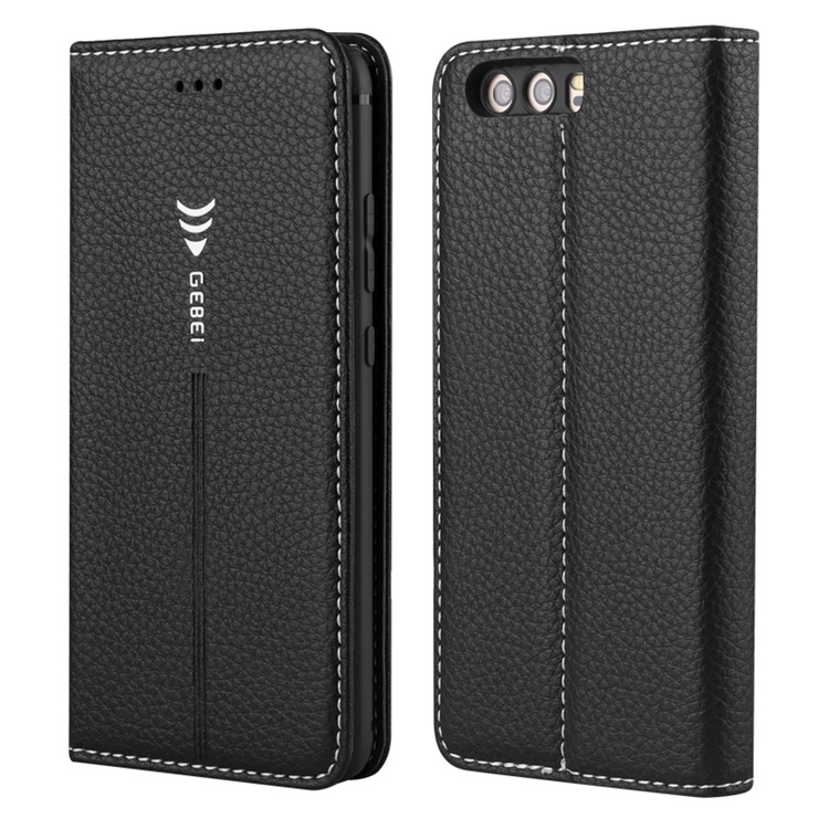 GEBEI Litchi Texture Leather Card Slots Stand Case for Huawei P10 Plus - Black-1