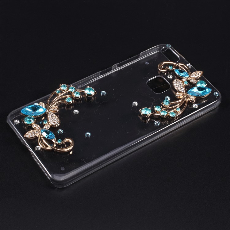 Rhinestone Decorated Crystal Acrylic Back Hybrid Case for Huawei P10 Lite - Blue Flowers-1