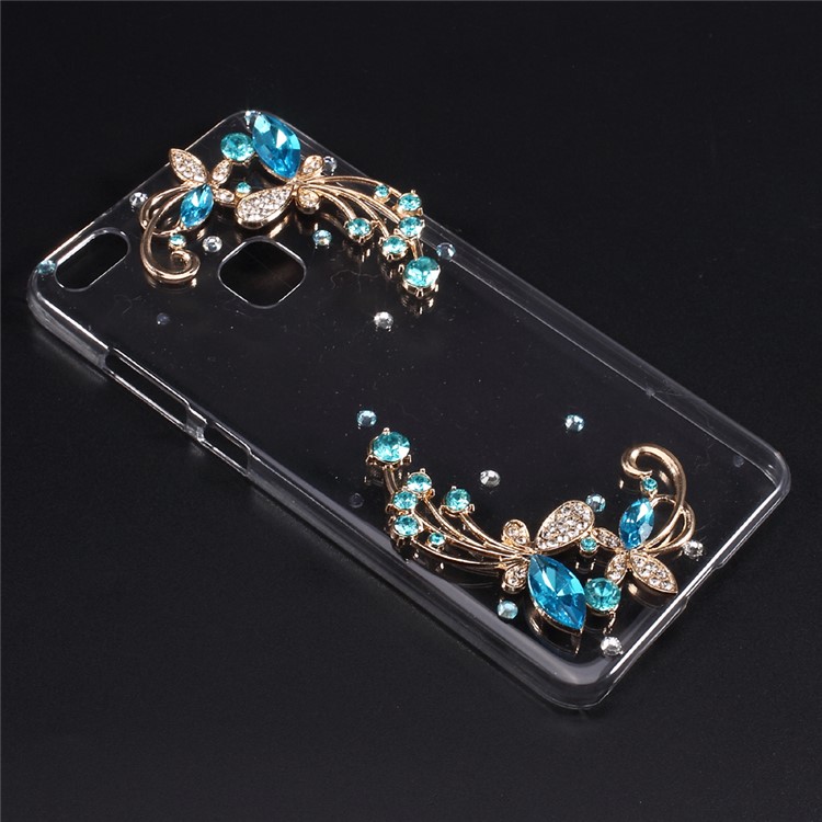 Rhinestone Decorated Crystal Acrylic Back Hybrid Case for Huawei P10 Lite - Blue Flowers-3