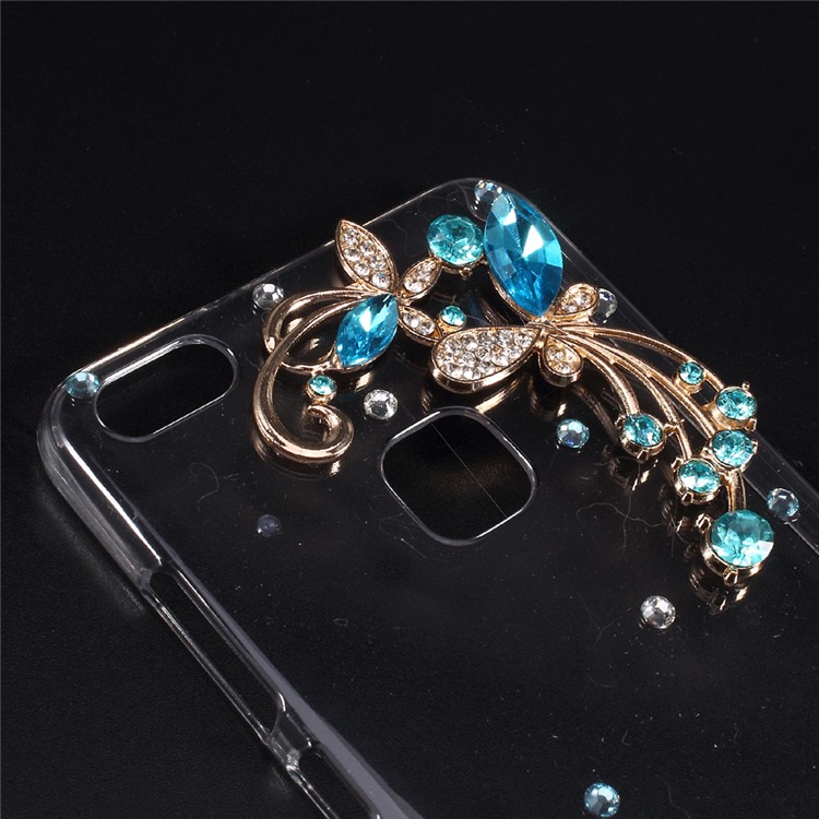 Rhinestone Decorated Crystal Acrylic Back Hybrid Case for Huawei P10 Lite - Blue Flowers-4