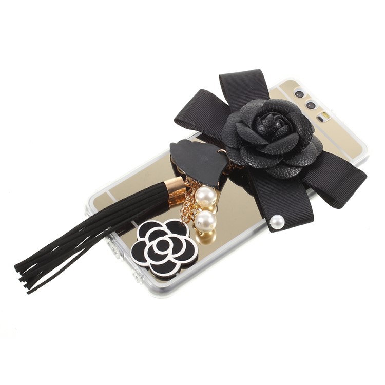 Mirror-like Plated PC TPU Combo Case for Huawei P10 Plus - 3D Black Flower and Tassel Pendant-1