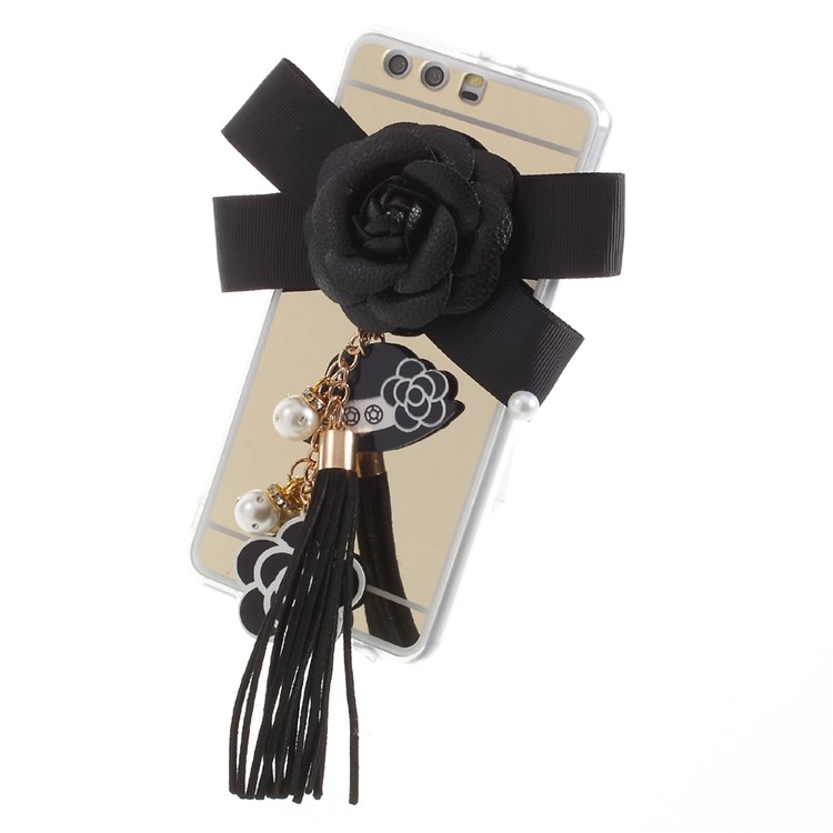 Mirror-like Plated PC TPU Combo Case for Huawei P10 Plus - 3D Black Flower and Tassel Pendant-5
