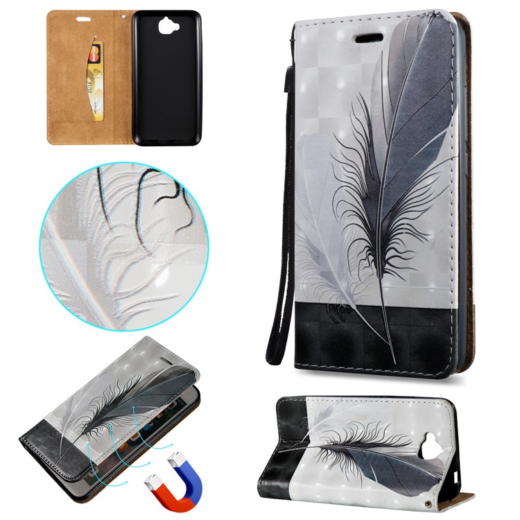 3D Embossing Stand Card Holder Leather Phone Case for Huawei Y6 Pro / Enjoy 5 - Feathers-1