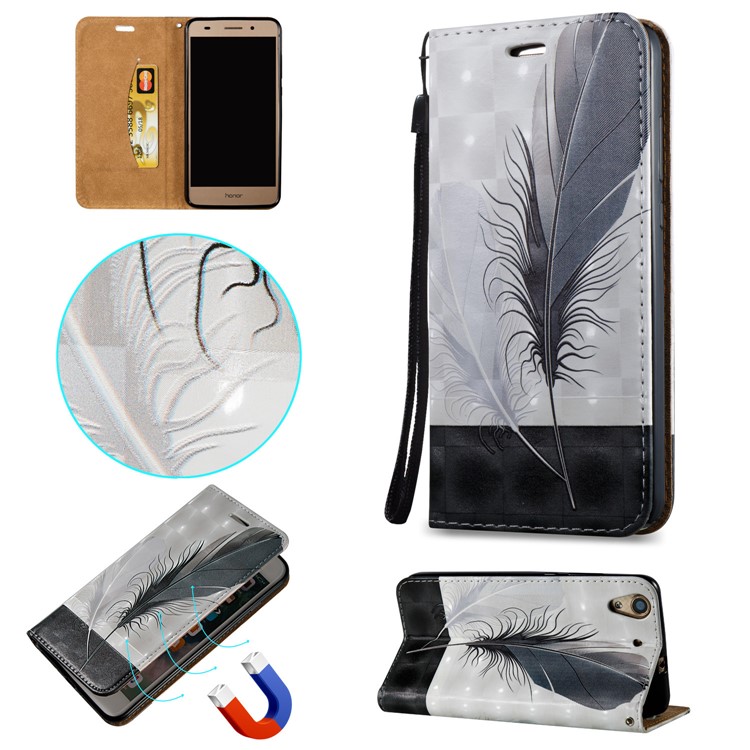 3D Embossed Leather Magnetic Card Holder Flip Phone Cover for Huawei Y6II - Feathers-1