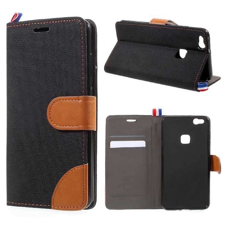 Jean Cloth Skin Leather Card Slots Phone Casing for Huawei P10 Lite - Black-1