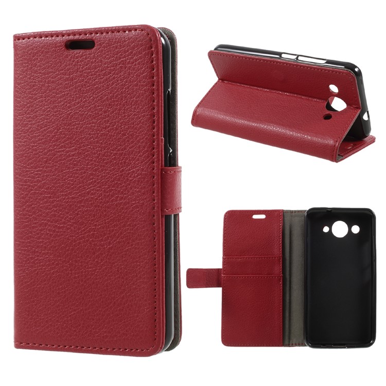 Litchi Grain PU Leather Wallet Stand Shell Cover for Huawei Y3 (2017) - Red-1