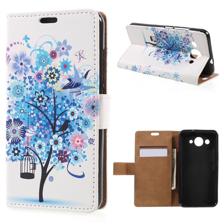 Patterned Wallet Stand Leather Mobile Phone Cover for Huawei Y3 (2017) - Blue Flowers-1