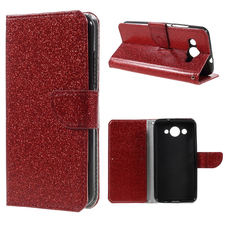 Glitter Sequins PU Leather Wallet Flip Case with Stand for Huawei Y3 (2017) - Red-1