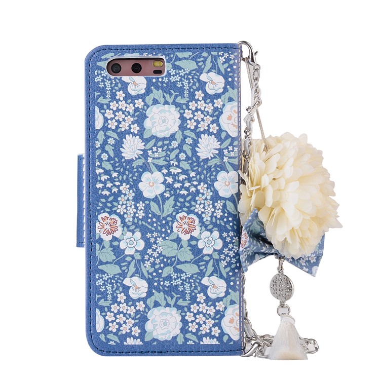 Jasmine Pattern Wallet Leather Cover Case with Lanyard for Huawei P10 - Blue-3