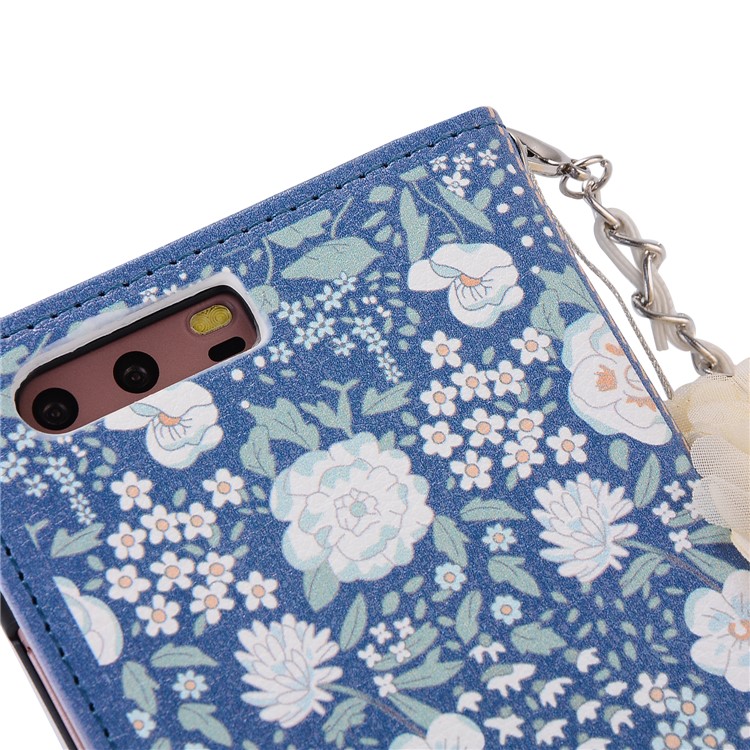 Jasmine Pattern Wallet Leather Cover Case with Lanyard for Huawei P10 - Blue-6