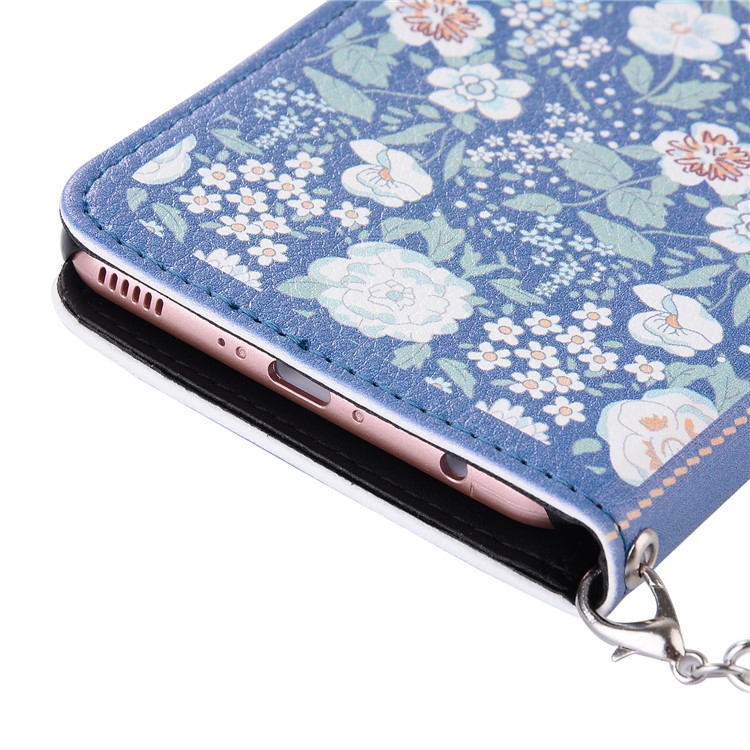 Jasmine Pattern Wallet Leather Cover Case with Lanyard for Huawei P10 - Blue-7