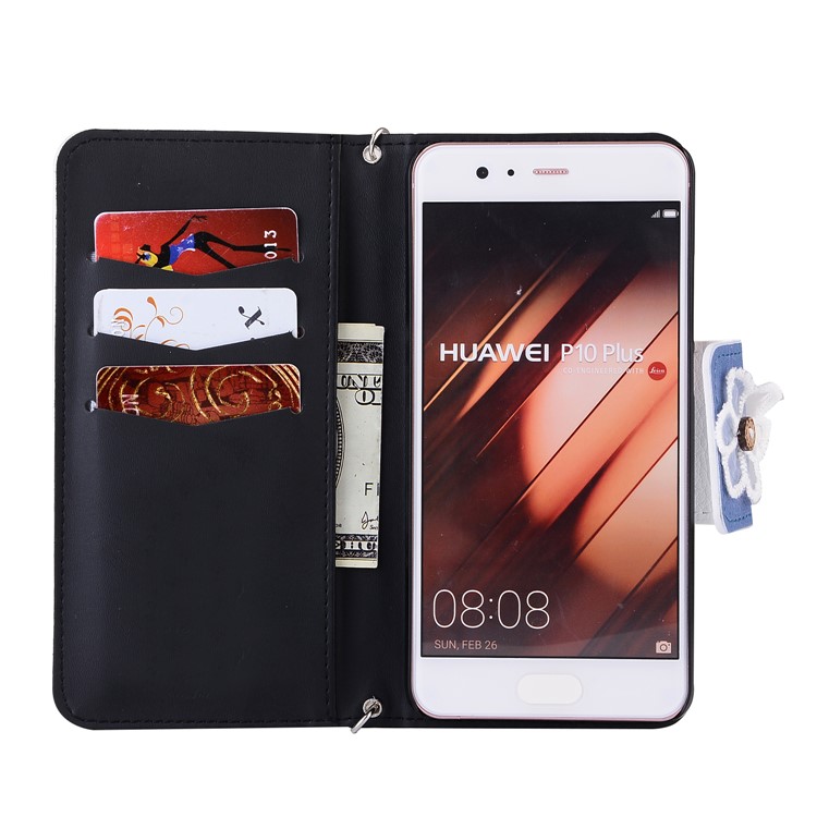 Jasmine Pattern Wallet Leather Phone Case with Lanyard for Huawei P10 Plus - Blue-3