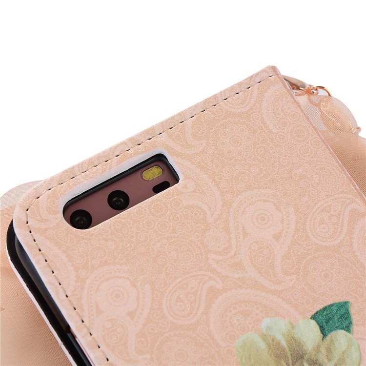3D Roses Decor Wallet Leather Mobile Phone Case with Lanyard for Huawei P10 - Beige-5