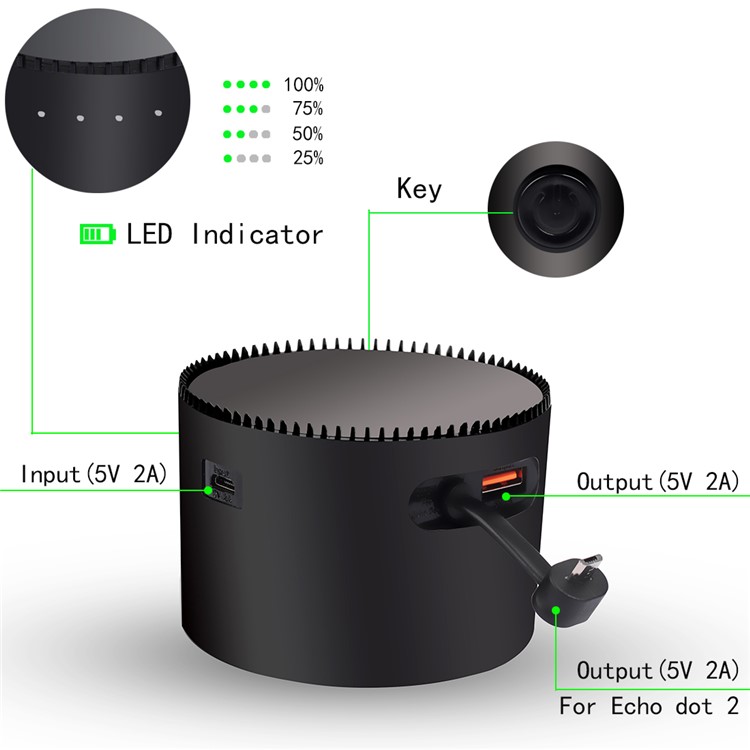 K12 10000mAh Portable Power Bank for Echo Dot 2 with 5V/2A USB Output-3