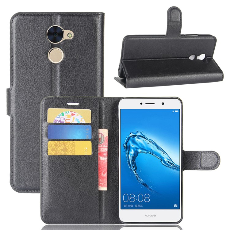 Litchi Skin Leather Wallet Stand Cover for Huawei Enjoy 7 Plus - Black-1