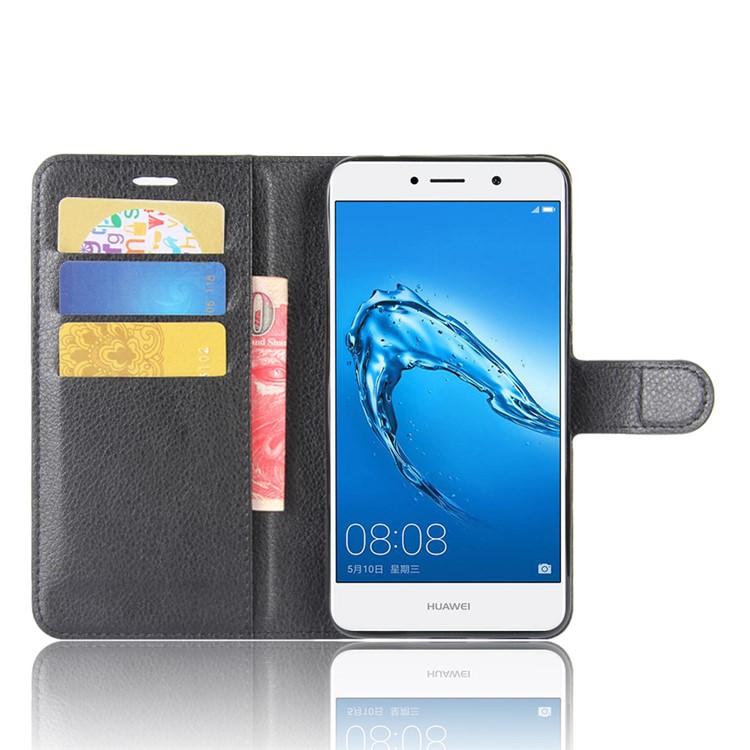 Litchi Skin Leather Wallet Stand Cover for Huawei Enjoy 7 Plus - Black-4