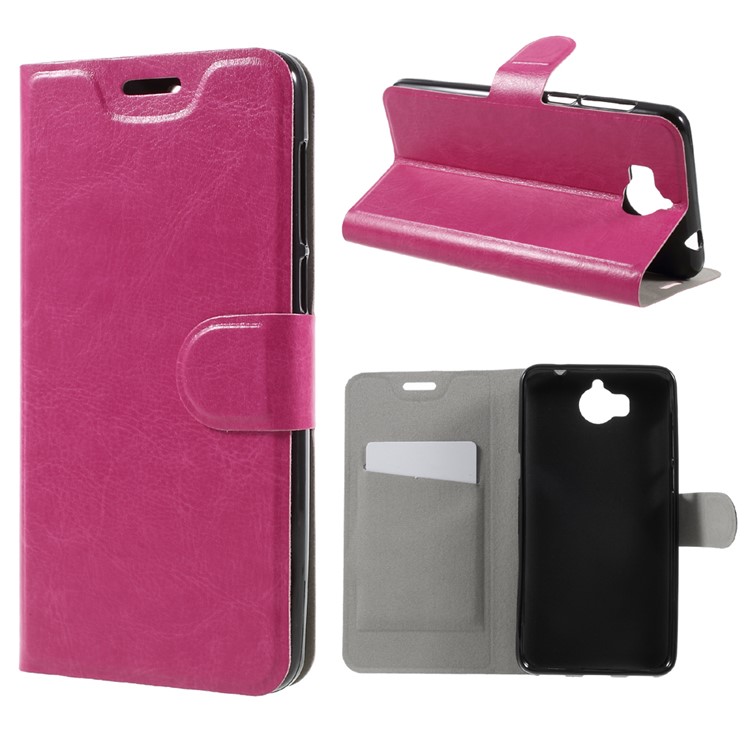 Crazy Horse Card Holder Leather Built-in Steel Sheet Case for Huawei Y5 (2017) - Rose-1