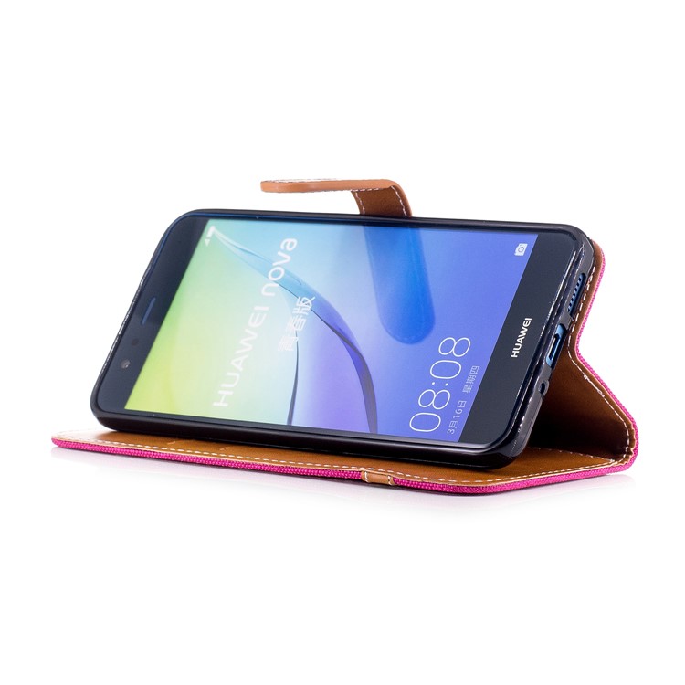 Two-tone Jean Cloth Card Slots Leather Phone Cae with Stand for Huawei P10 Lite - Rose-5