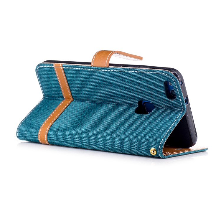 Bi-color Jean Cloth PU Leather Mobile Phone Case Accessory for Huawei P10 Lite - Cyan-4