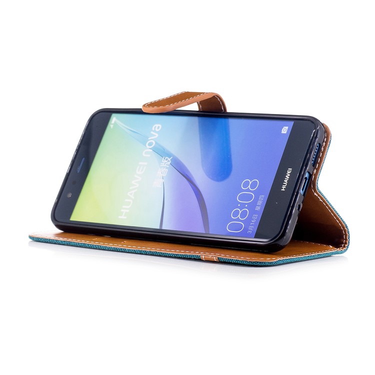 Bi-color Jean Cloth PU Leather Mobile Phone Case Accessory for Huawei P10 Lite - Cyan-5
