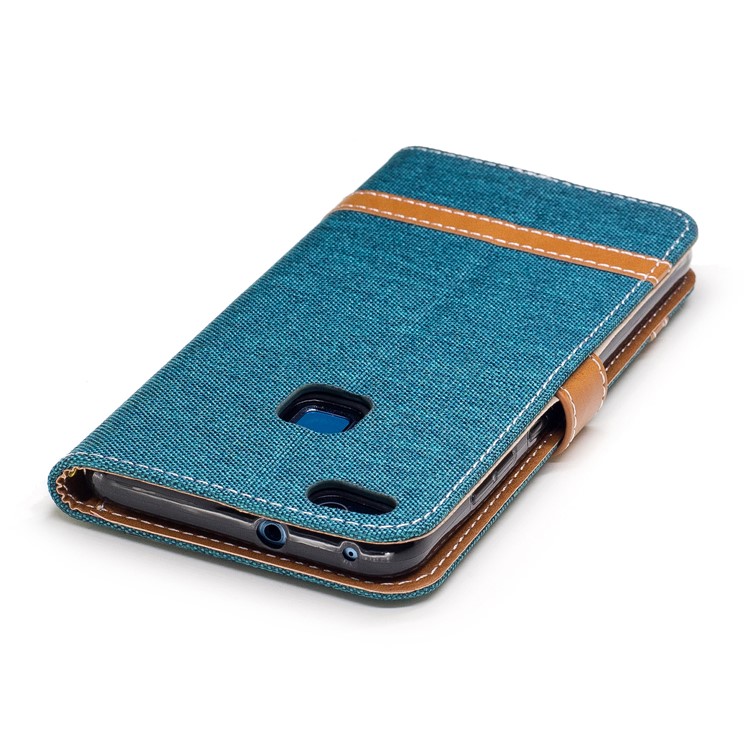 Bi-color Jean Cloth PU Leather Mobile Phone Case Accessory for Huawei P10 Lite - Cyan-7