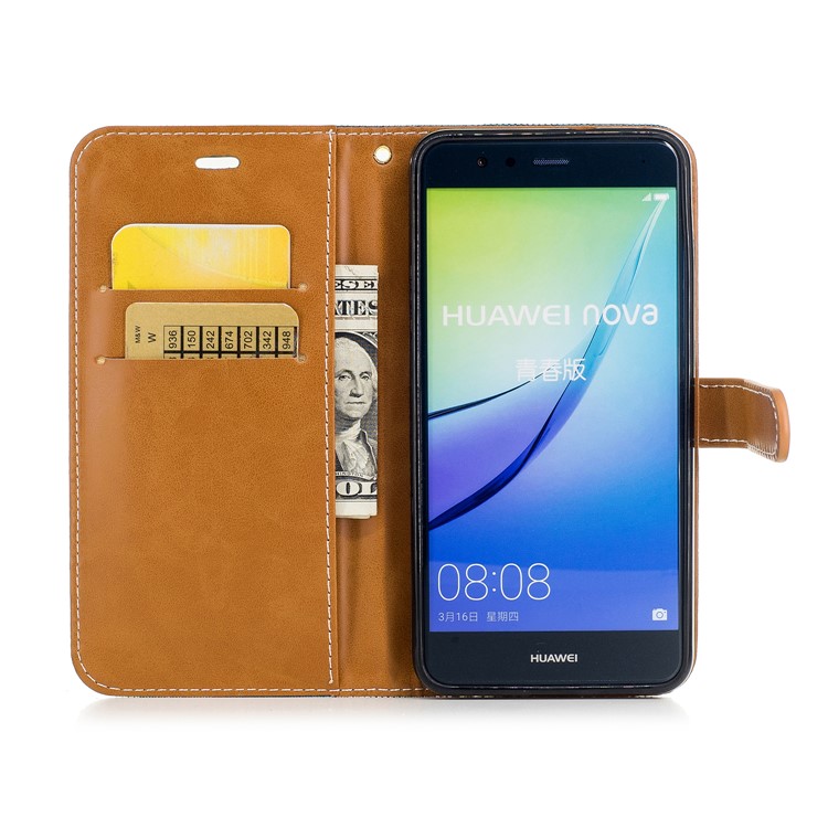 Bi-color Jean Cloth PU Leather Mobile Phone Case Accessory for Huawei P10 Lite - Cyan-8