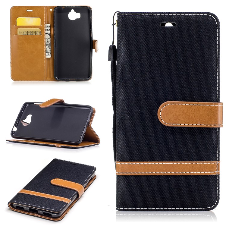 Two-tone Jean Cloth PU Leather Wallet Flip Stand Case Cover for Huawei Y5 (2017) / Y6 (2017) - Black-1