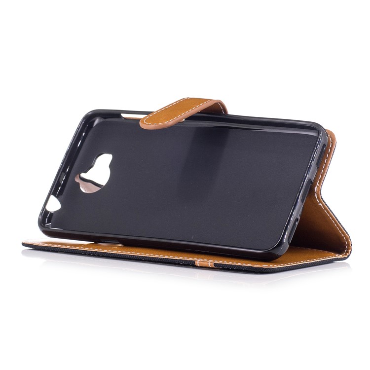 Two-tone Jean Cloth PU Leather Wallet Flip Stand Case Cover for Huawei Y5 (2017) / Y6 (2017) - Black-5