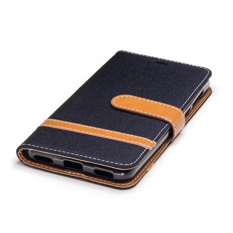 Two-tone Jean Cloth PU Leather Wallet Flip Stand Case Cover for Huawei Y5 (2017) / Y6 (2017) - Black-6