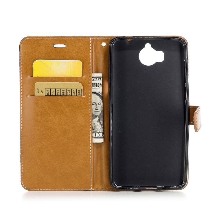 Two-tone Jean Cloth PU Leather Wallet Flip Stand Case Cover for Huawei Y5 (2017) / Y6 (2017) - Black-8