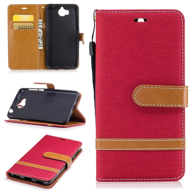 Two-tone Jean Cloth PU Leather Wallet Flip Stand Cover for Huawei Y5 (2017) / Y6 (2017) - Red-1