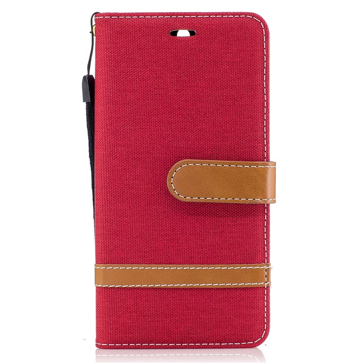 Two-tone Jean Cloth PU Leather Wallet Flip Stand Cover for Huawei Y5 (2017) / Y6 (2017) - Red-2