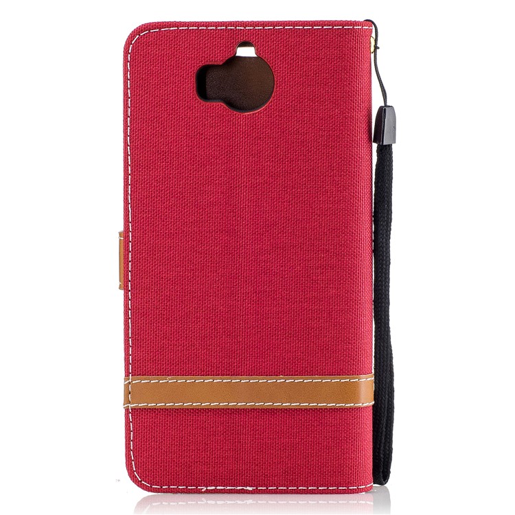 Two-tone Jean Cloth PU Leather Wallet Flip Stand Cover for Huawei Y5 (2017) / Y6 (2017) - Red-3