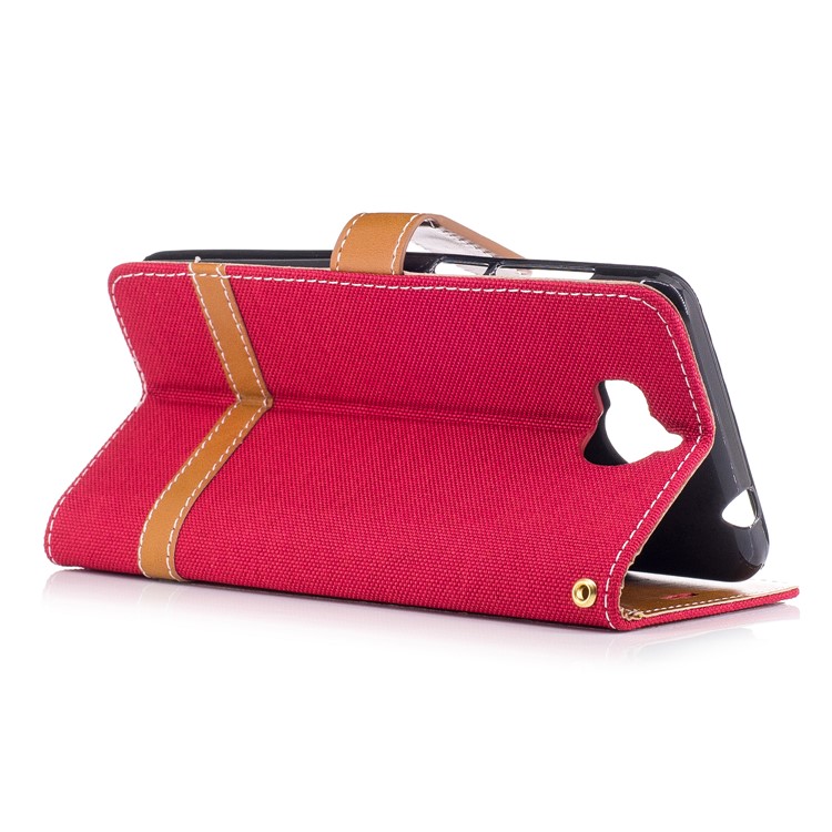 Two-tone Jean Cloth PU Leather Wallet Flip Stand Cover for Huawei Y5 (2017) / Y6 (2017) - Red-4