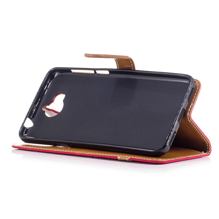 Two-tone Jean Cloth PU Leather Wallet Flip Stand Cover for Huawei Y5 (2017) / Y6 (2017) - Red-5