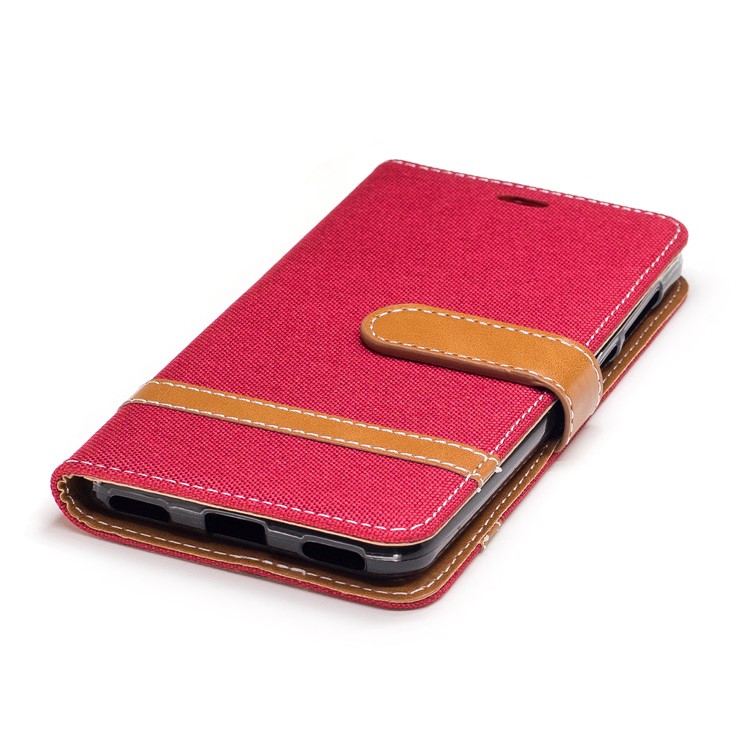 Two-tone Jean Cloth PU Leather Wallet Flip Stand Cover for Huawei Y5 (2017) / Y6 (2017) - Red-6