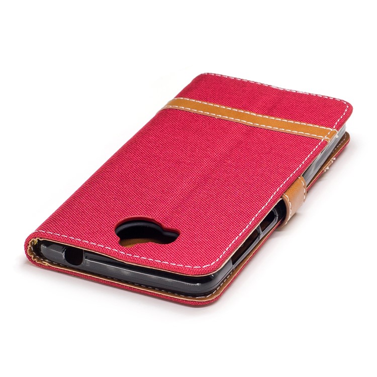 Two-tone Jean Cloth PU Leather Wallet Flip Stand Cover for Huawei Y5 (2017) / Y6 (2017) - Red-7