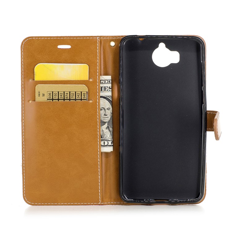 Two-tone Jean Cloth PU Leather Wallet Flip Stand Cover for Huawei Y5 (2017) / Y6 (2017) - Red-8