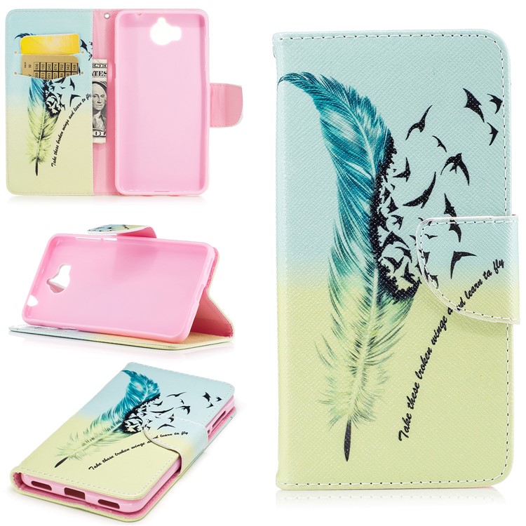 Pattern Printing Wallet Leather Stand Case for Huawei Y5 (2017) - Feather Pattern-1